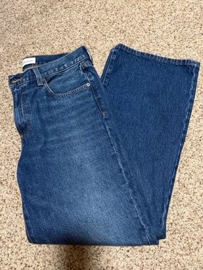 Aritzia Denim Forum Blue Jeans with Tan Leather Patch